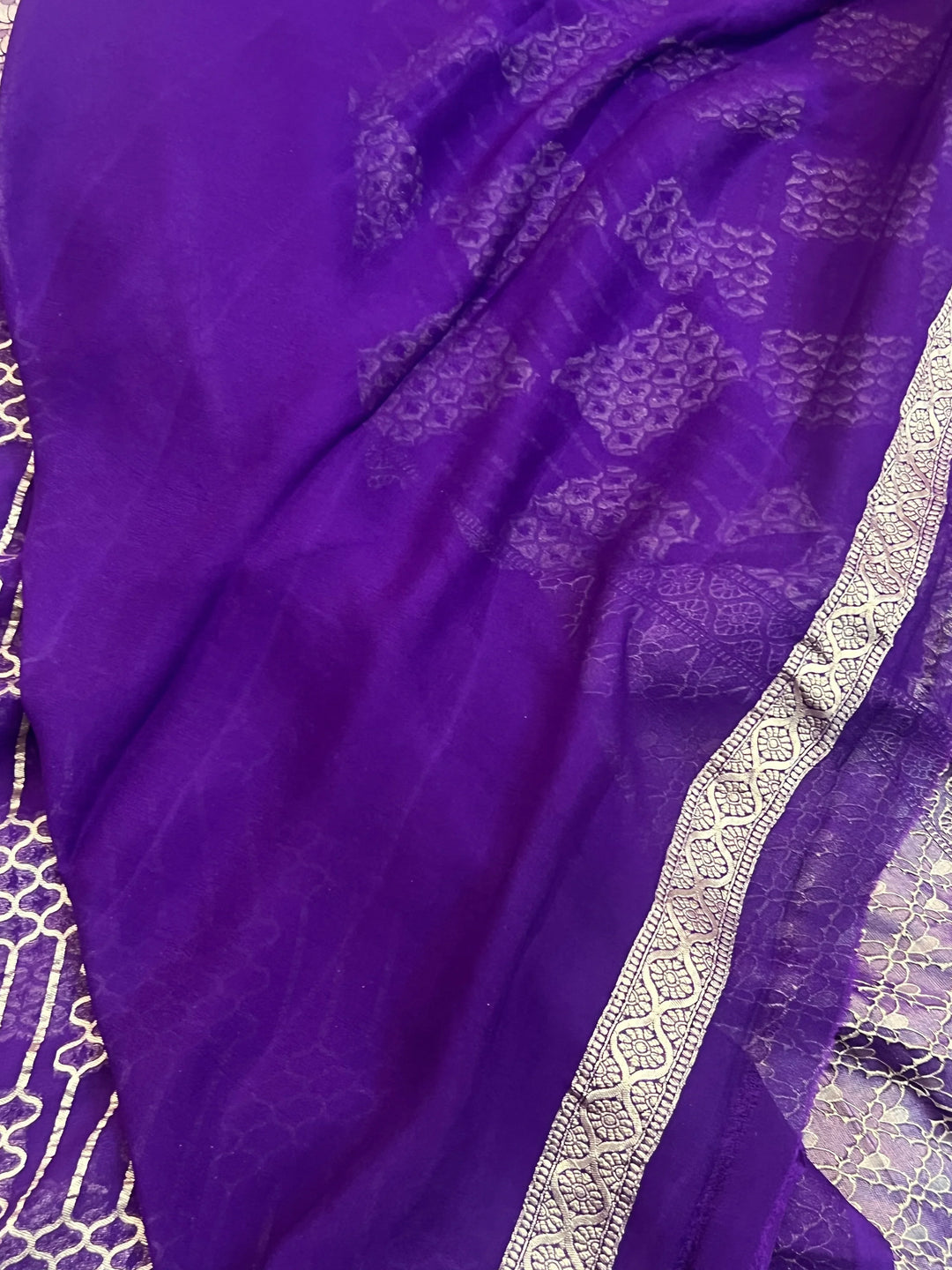 Purple Khaddi Georgette Banarasi Saree with Geometric Jaal - AuraBenaras