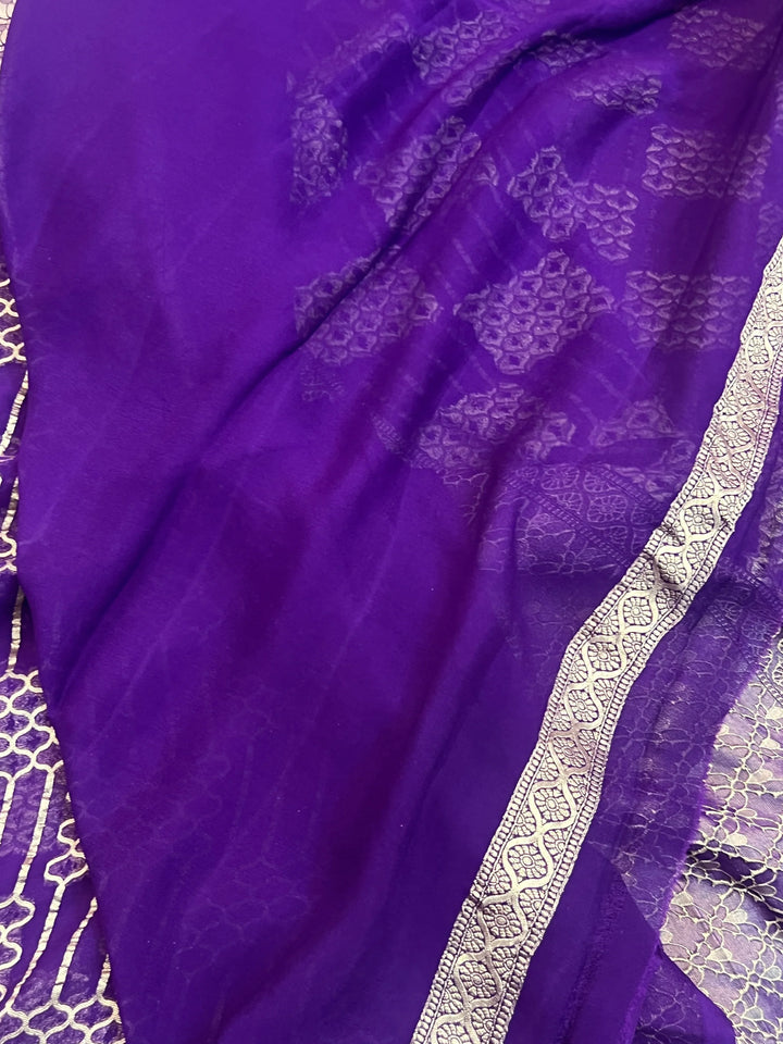 Purple Khaddi Georgette Banarasi Saree with Geometric Jaal - AuraBenaras