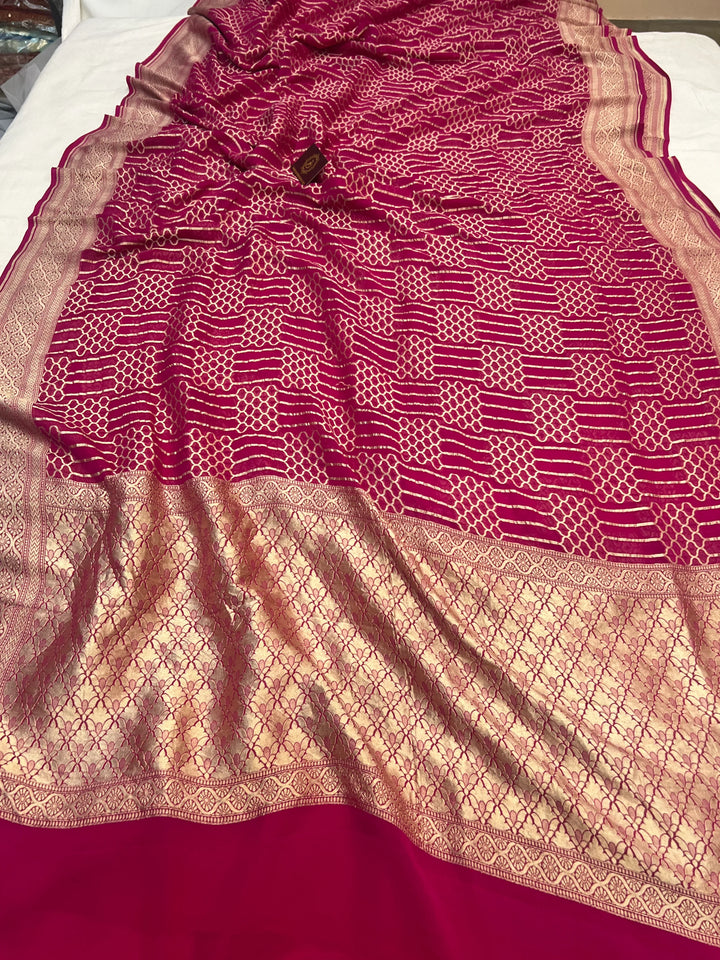 Rani Pink Khaddi Georgette Banarasi Saree with Geometric Jaal - AuraBenaras