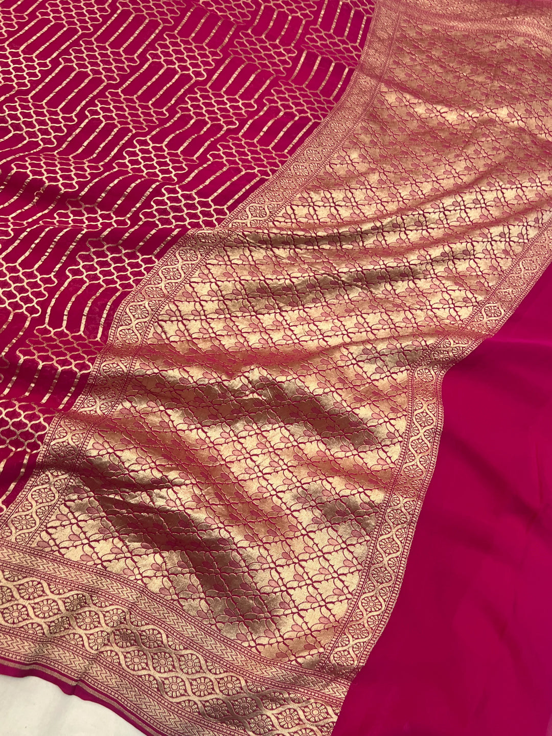 Rani Pink Khaddi Georgette Banarasi Saree with Geometric Jaal - AuraBenaras