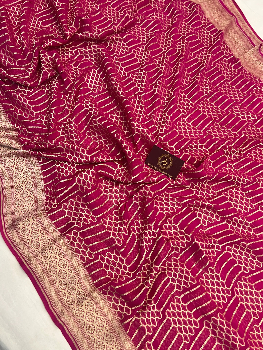 Rani Pink Khaddi Georgette Banarasi Saree with Geometric Jaal - AuraBenaras