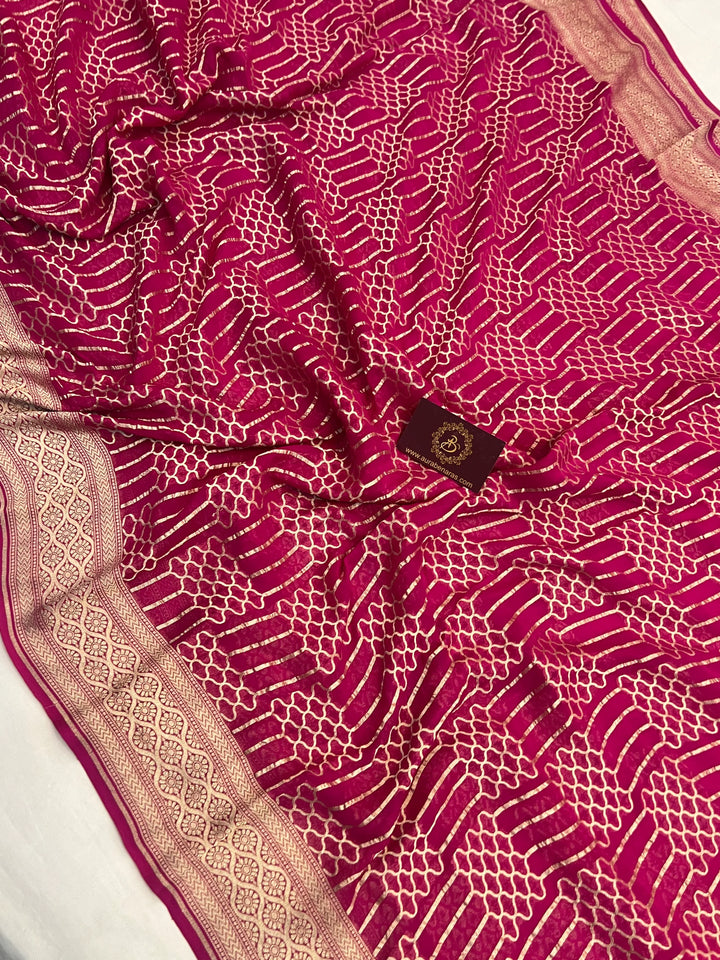 Rani Pink Khaddi Georgette Banarasi Saree with Geometric Jaal - AuraBenaras