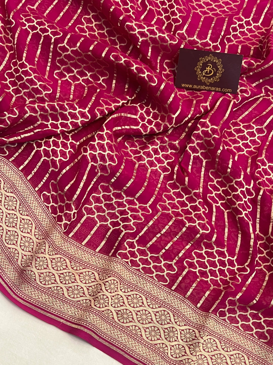 Rani Pink Khaddi Georgette Banarasi Saree with Geometric Jaal - AuraBenaras
