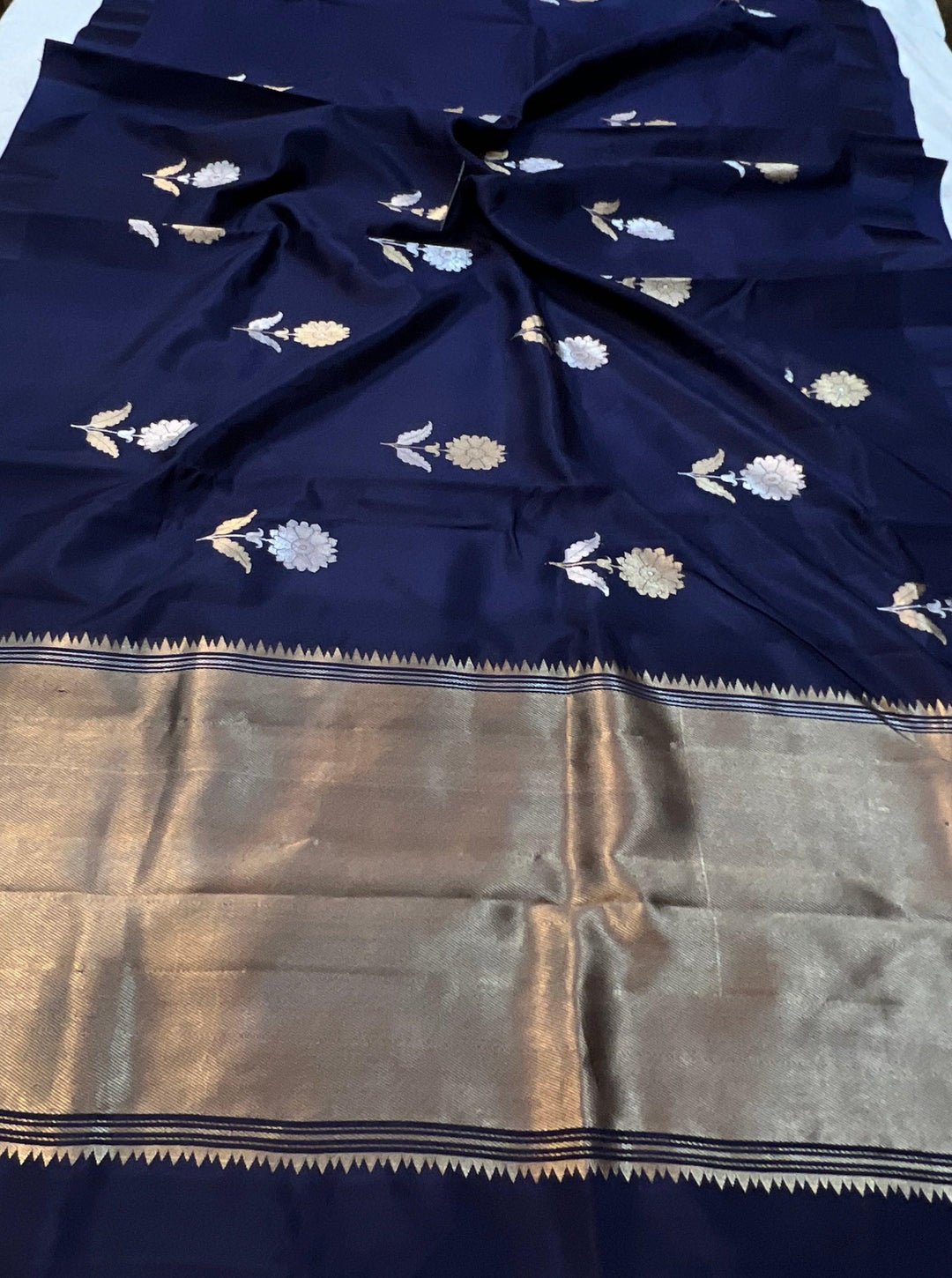 Navy Blue Pure Banarasi Handloom Silk Saree - Aura Benaras