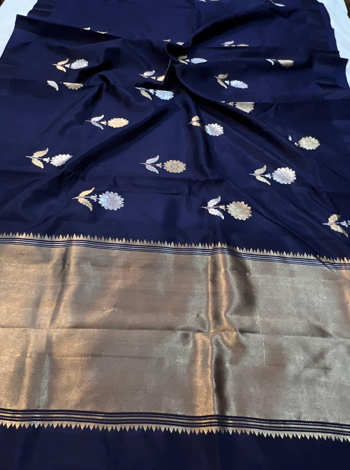 Navy Blue Pure Banarasi Handloom Silk Saree - Aura Benaras