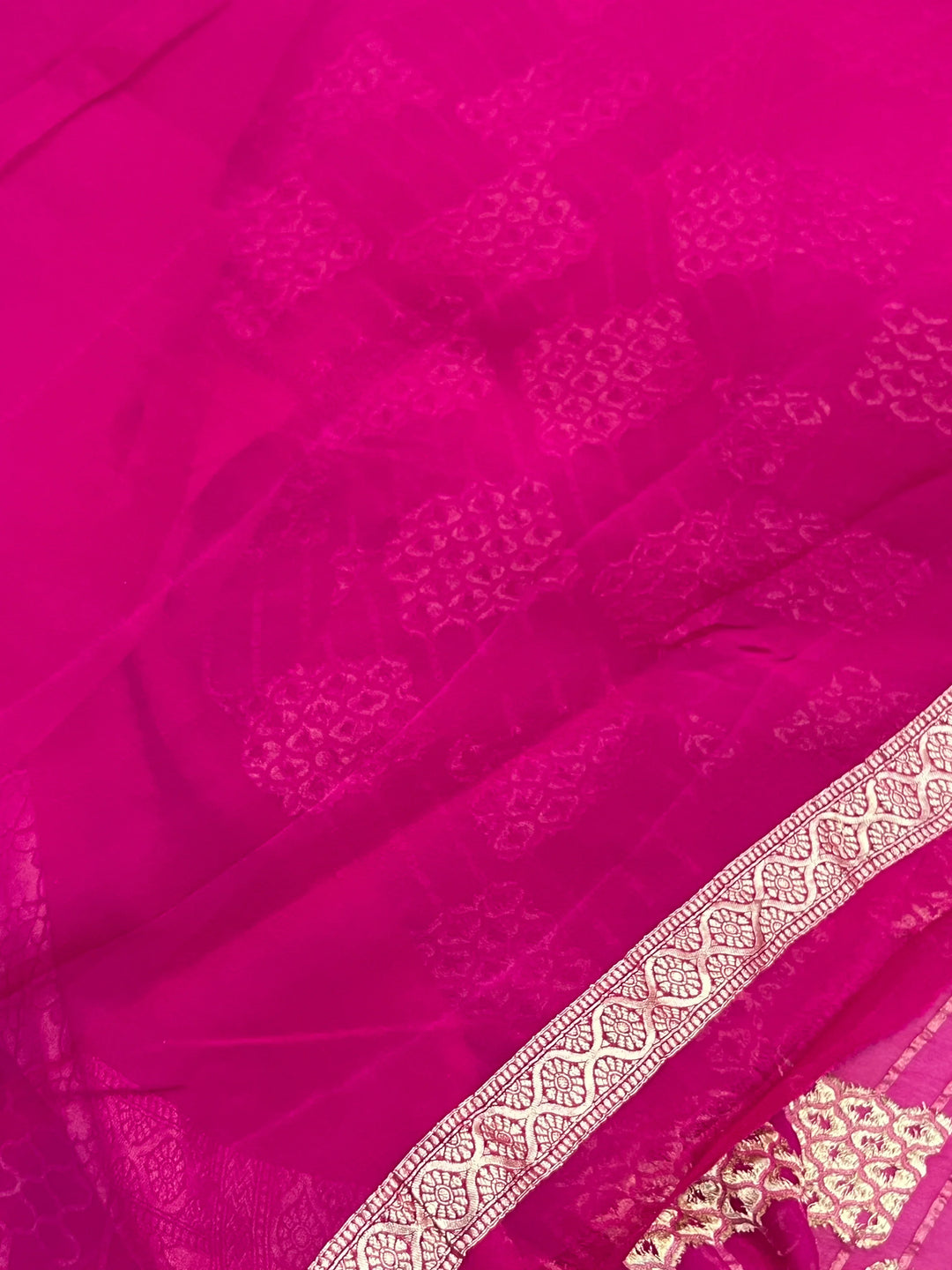 Rani Pink Khaddi Georgette Banarasi Saree with Geometric Jaal - AuraBenaras
