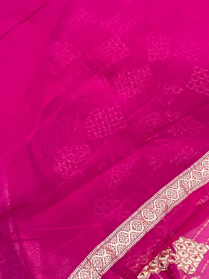 Rani Pink Khaddi Georgette Banarasi Saree with Geometric Jaal - AuraBenaras