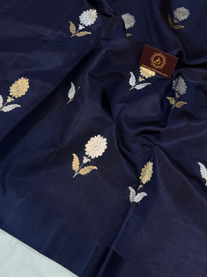 Navy Blue Pure Banarasi Handloom Silk Saree - Aura Benaras