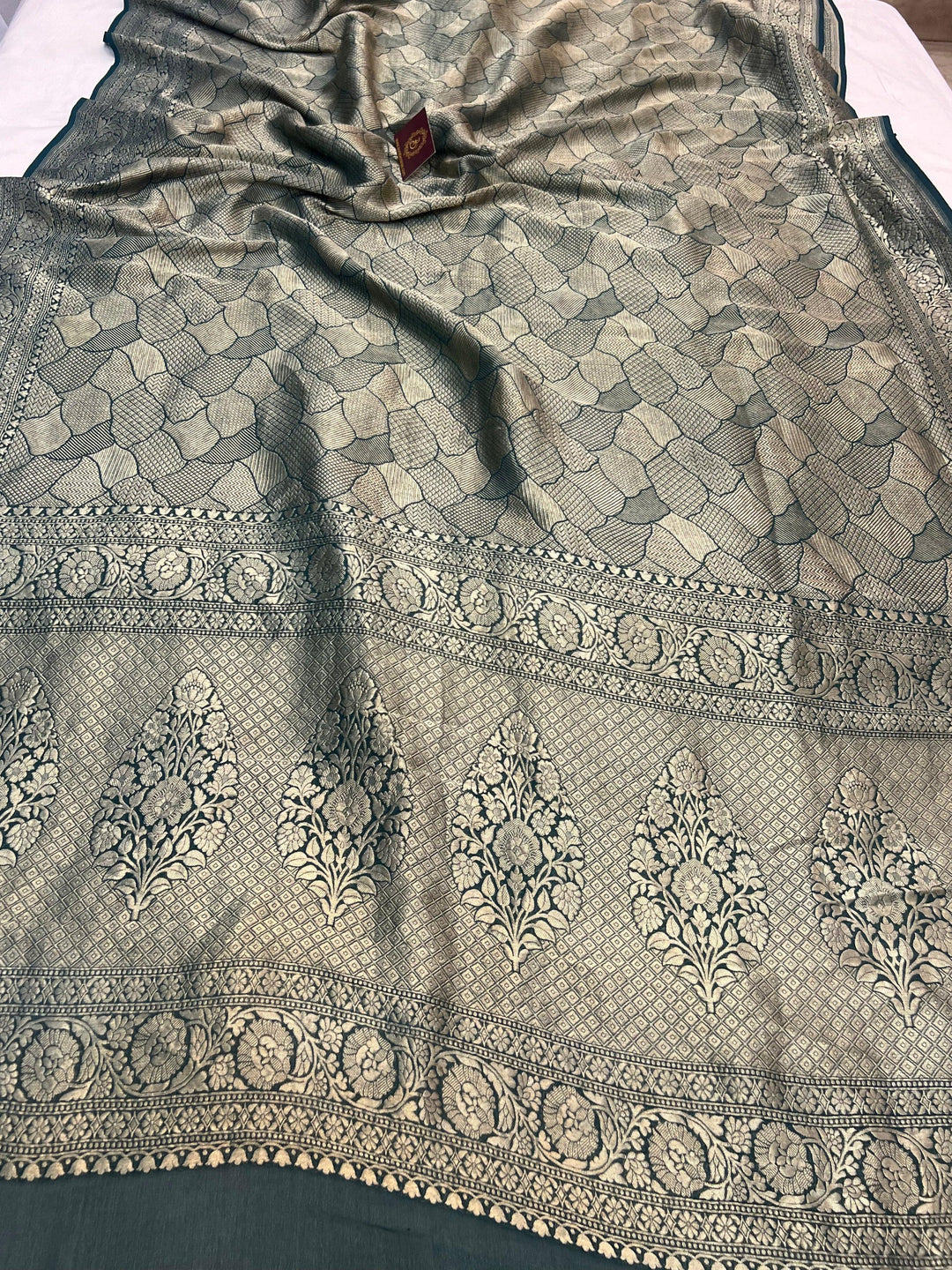 Bottle Green Khaddi Georgette Banarasi Saree with Geometric Jaal - AuraBenaras