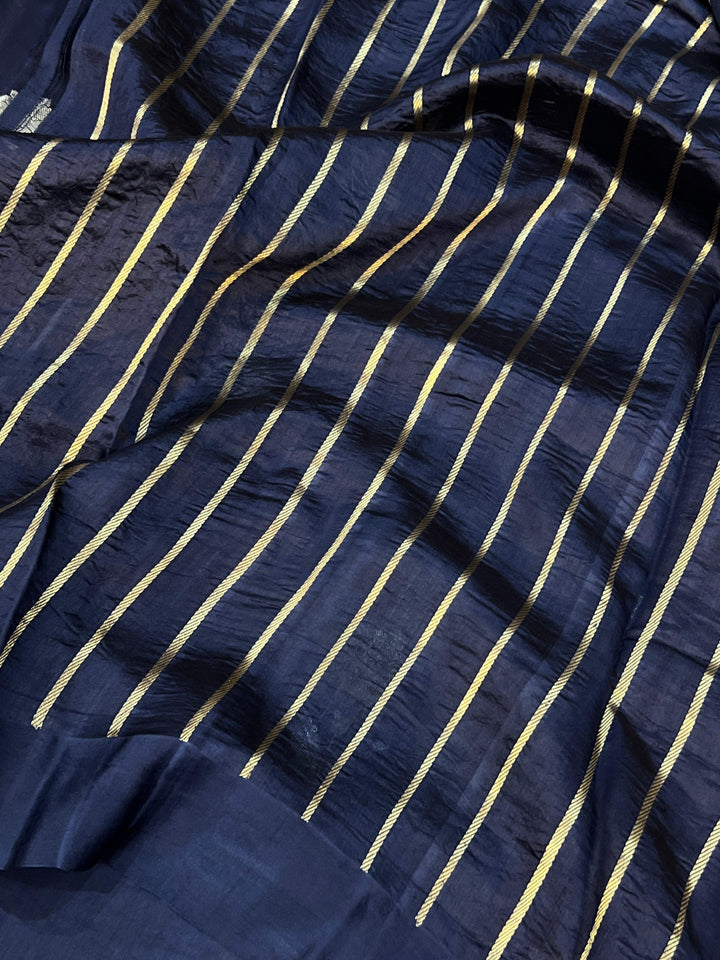 Navy Blue Pure Banarasi Handloom Silk Saree - Aura Benaras