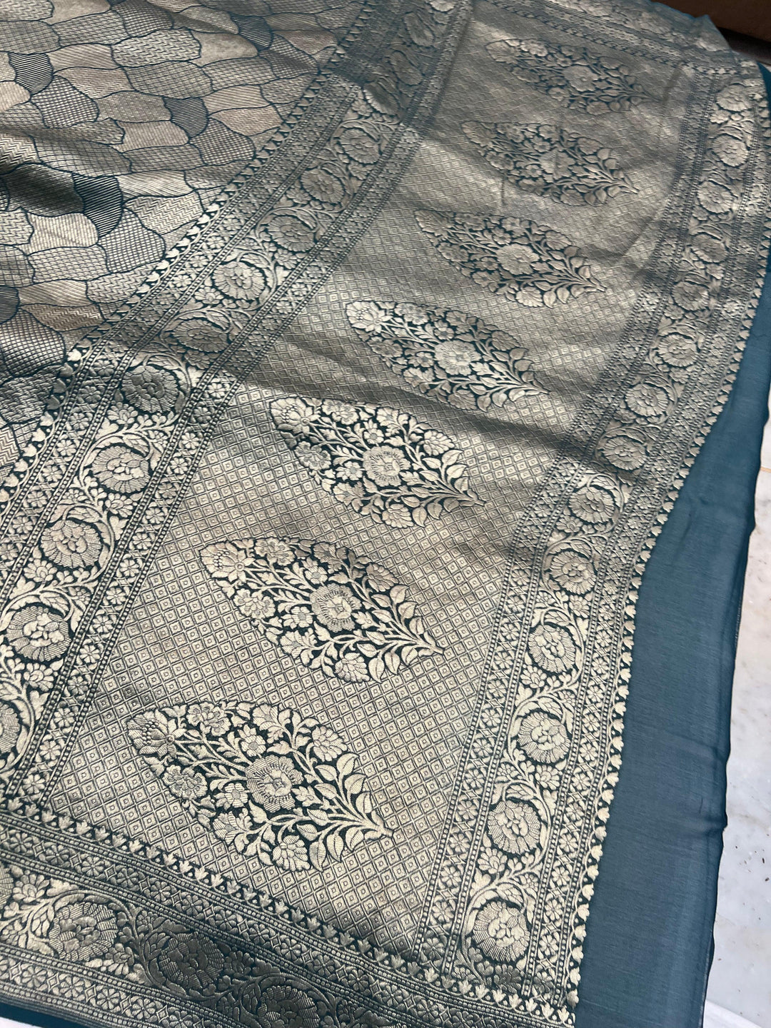 Bottle Green Khaddi Georgette Banarasi Saree with Geometric Jaal - AuraBenaras