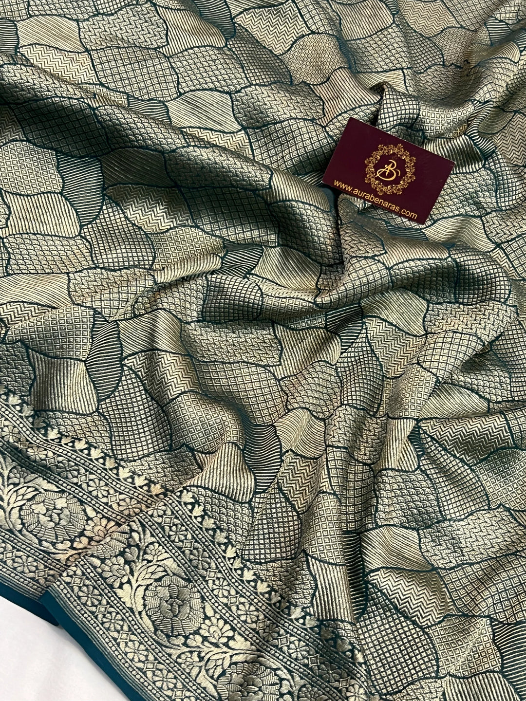Bottle Green Khaddi Georgette Banarasi Saree with Geometric Jaal - AuraBenaras