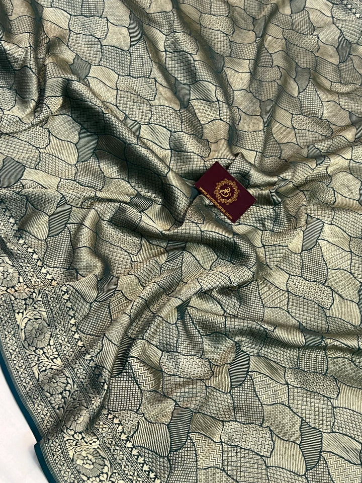 Bottle Green Khaddi Georgette Banarasi Saree with Geometric Jaal - AuraBenaras