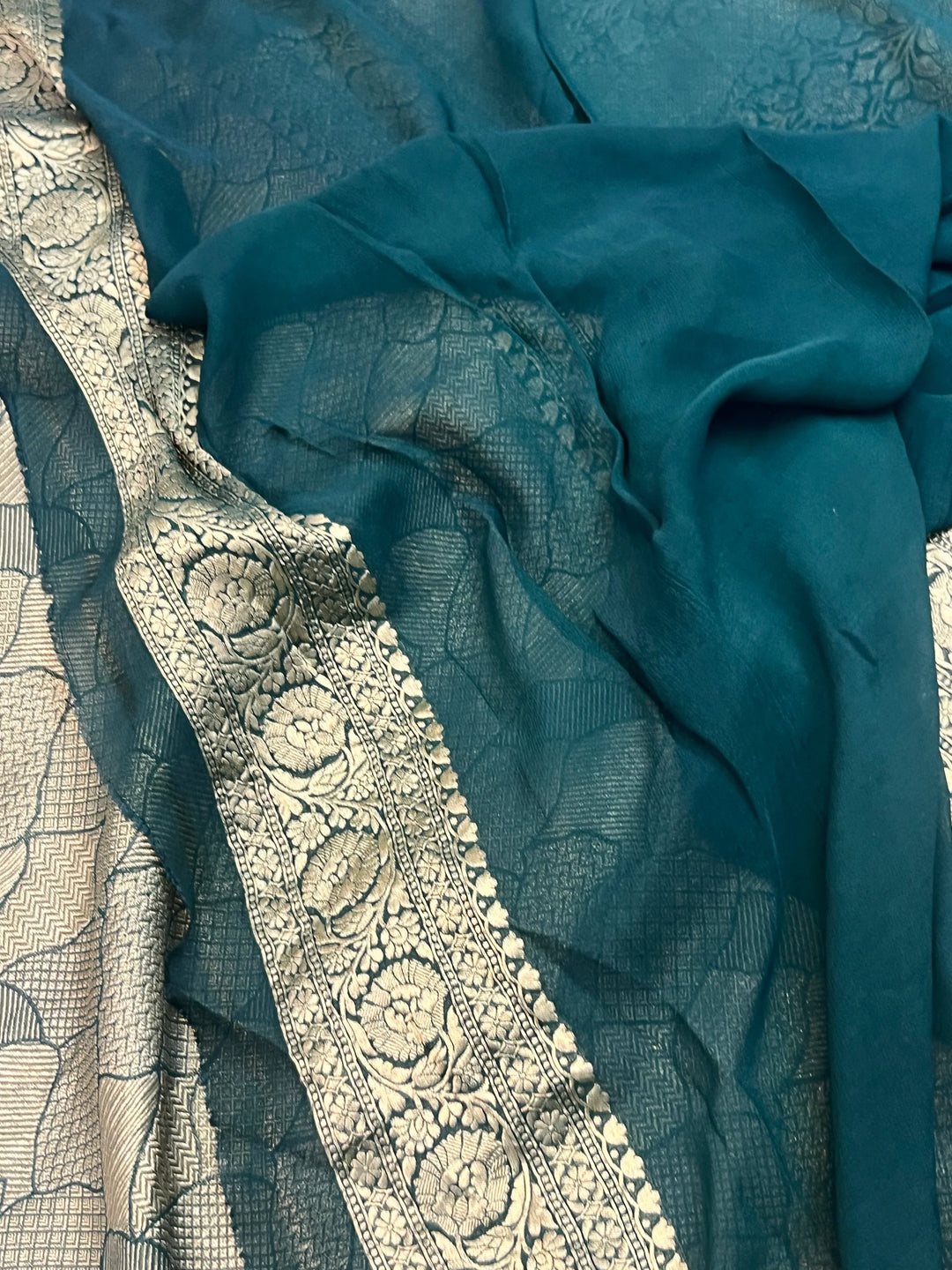 Bottle Green Khaddi Georgette Banarasi Saree with Geometric Jaal - AuraBenaras
