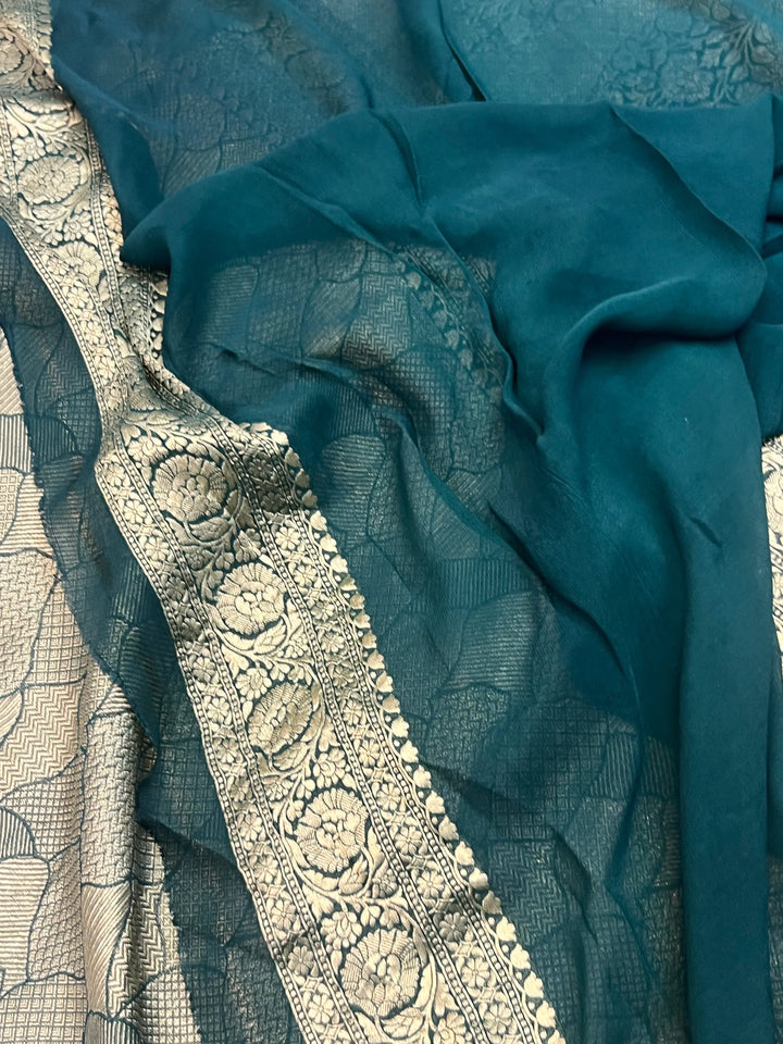Bottle Green Khaddi Georgette Banarasi Saree with Geometric Jaal - AuraBenaras