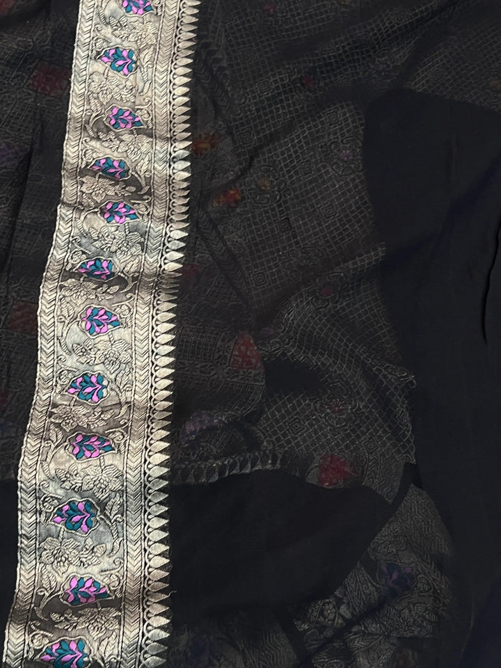 Black Khaddi Georgette Banarasi Saree with Geometric Jaal 