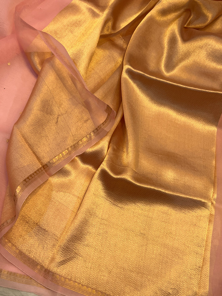 Peach Pure Kora Silk Handloom Banarasi Saree