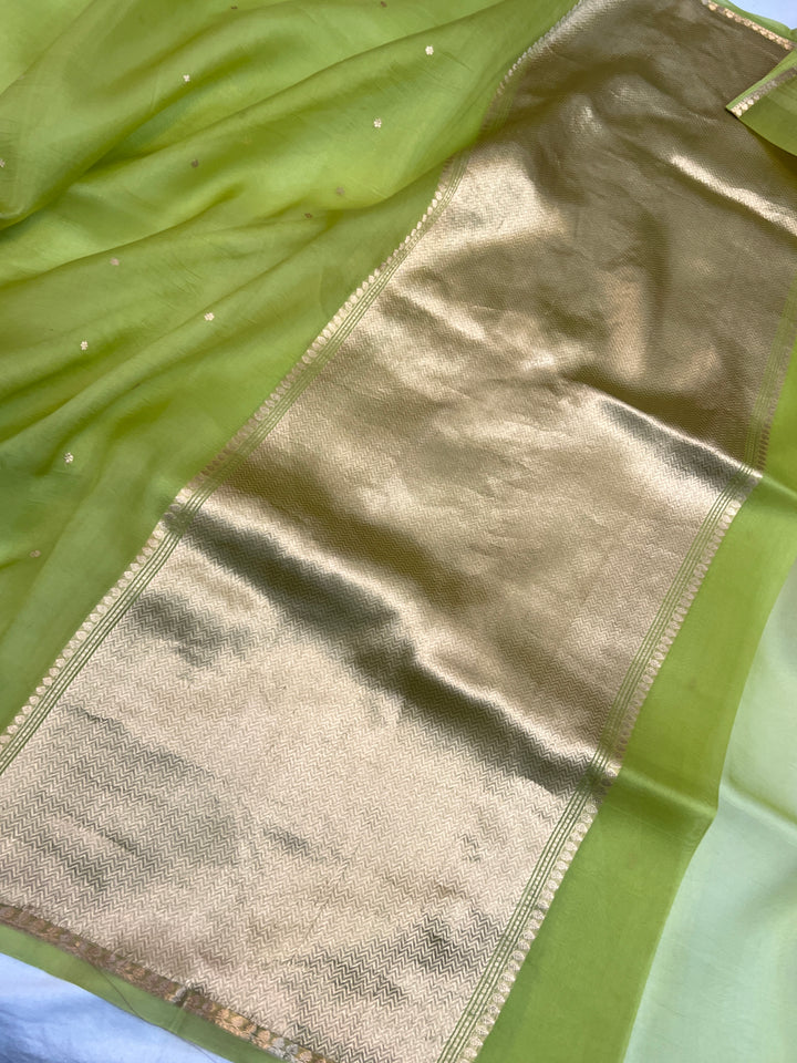 LIght Green Pure Kora Silk Handloom Banarasi Saree