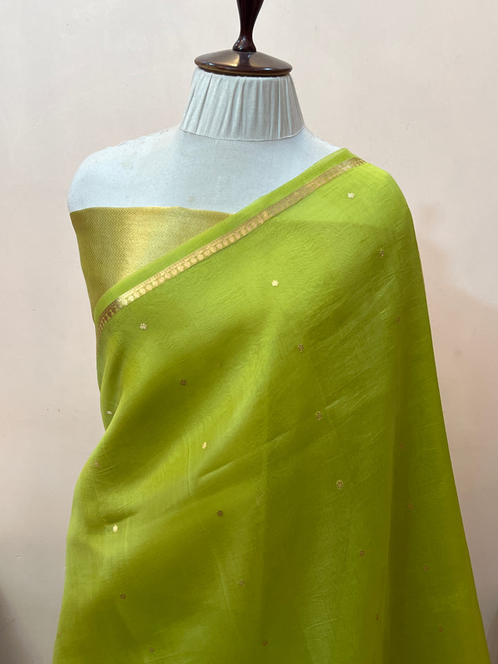 LIght Green Pure Kora Silk Handloom Banarasi Saree