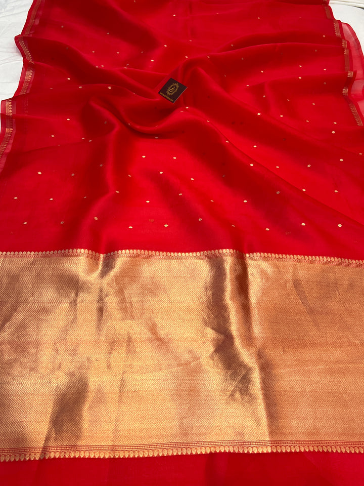 Deep Red Pure Kora Silk Handloom Banarasi Saree