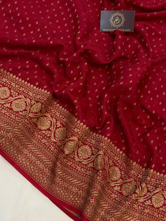 Maroon Pure Banarasi Khaddi Crepe Silk Saree - Aura Benaras