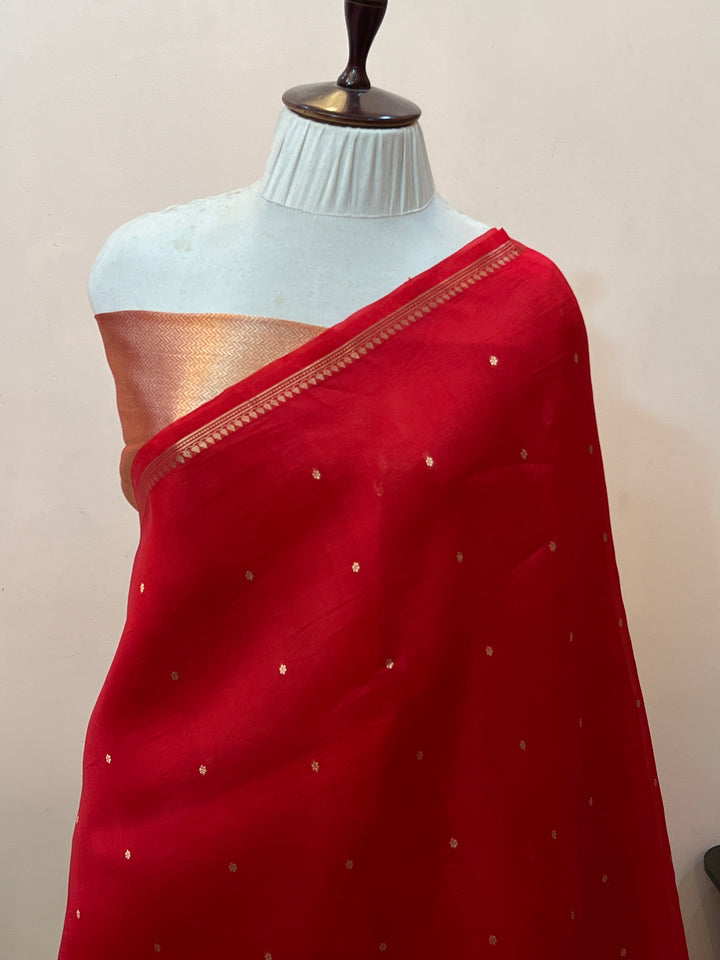 Deep Red Pure Kora Silk Handloom Banarasi Saree