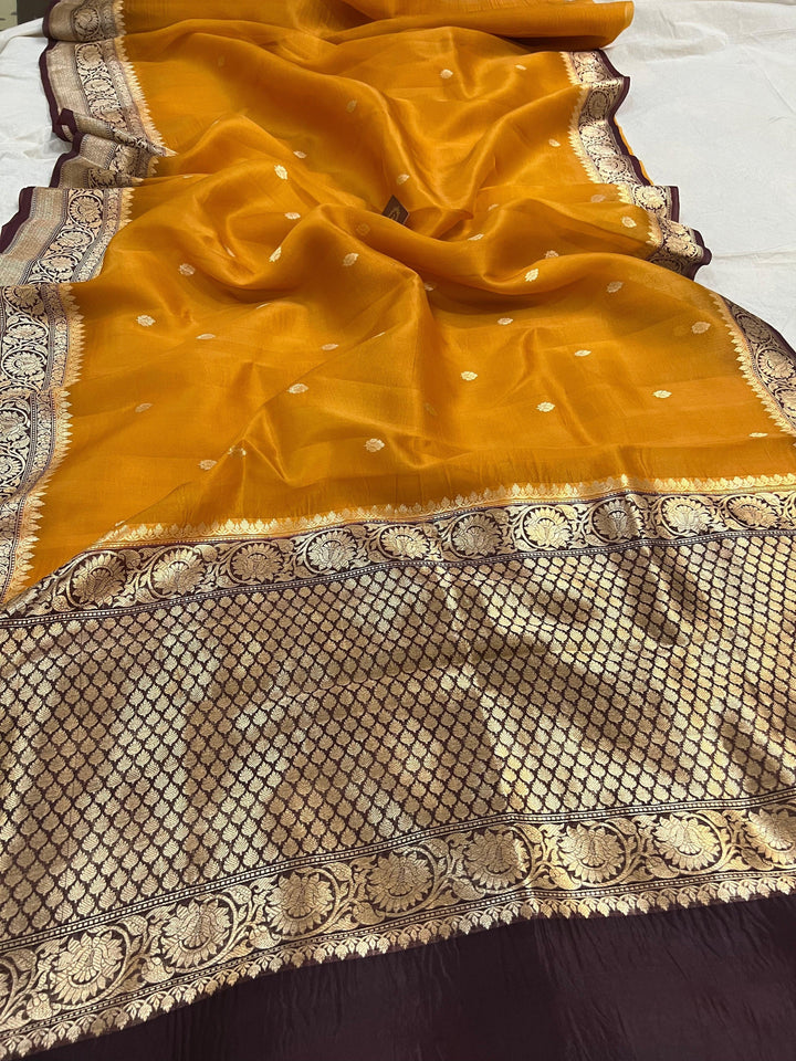 Mustard Yellow Banarasi Handloom Kora Silk Saree - Aura Benaras
