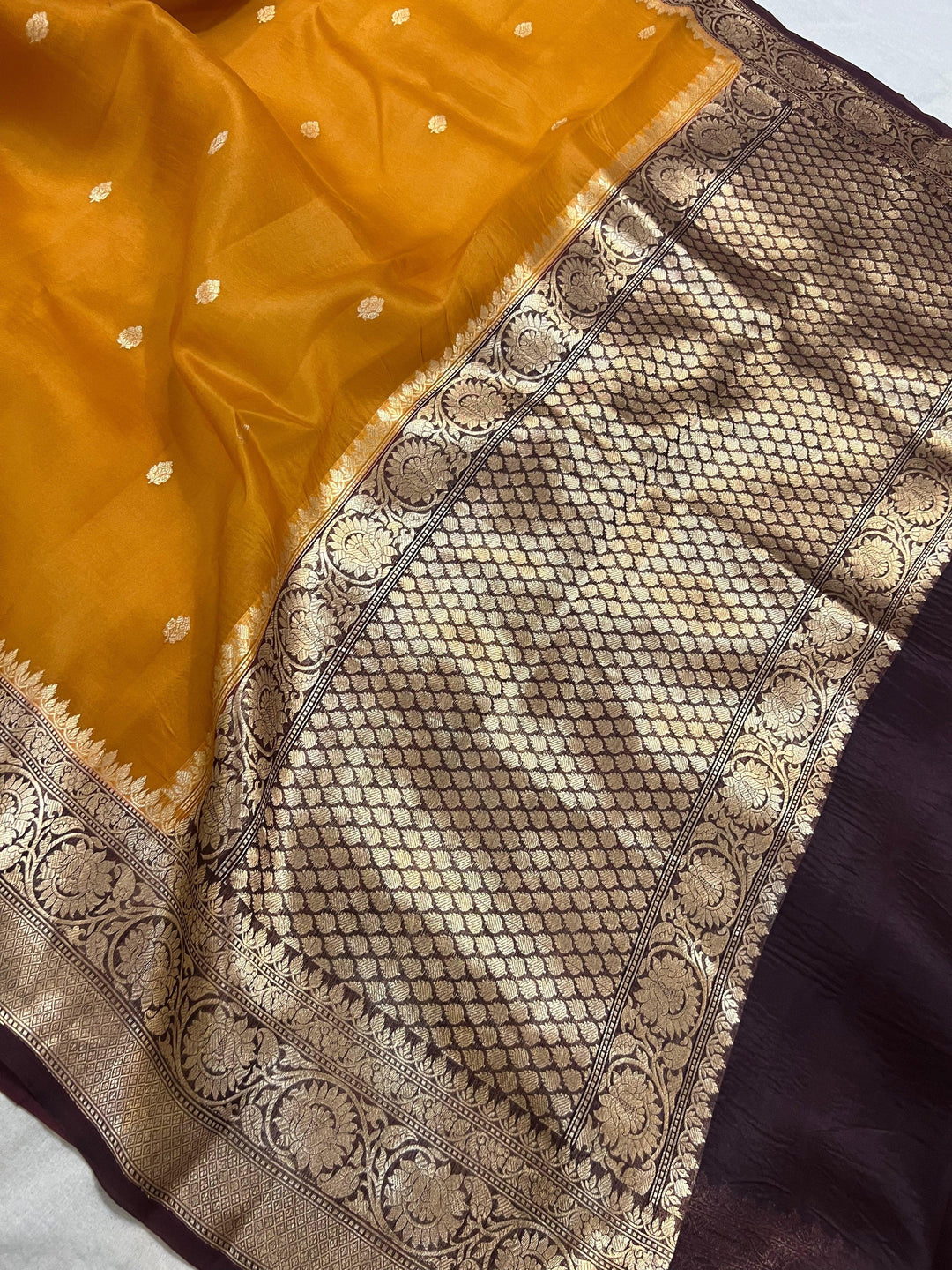 Mustard Yellow Banarasi Handloom Kora Silk Saree - Aura Benaras