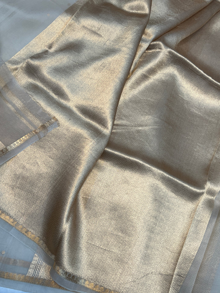 Cream Pure Kora Silk Handloom Banarasi Saree