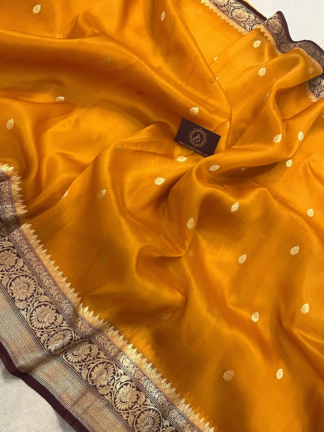 Mustard Yellow Banarasi Handloom Kora Silk Saree - Aura Benaras