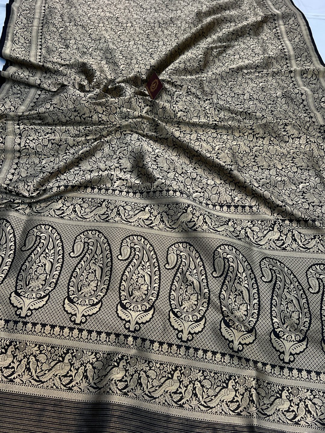 Black Pure Katan Silk Banarasi Handloom Saree with Shikargaah Design