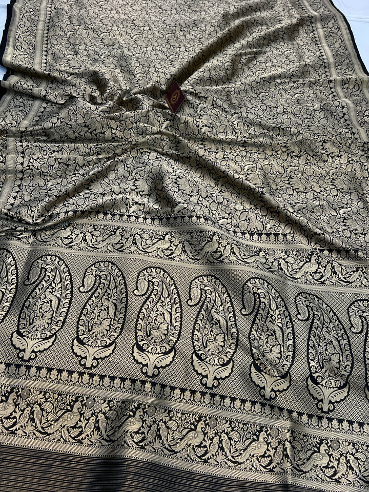 Black Pure Katan Silk Banarasi Handloom Saree with Shikargaah Design