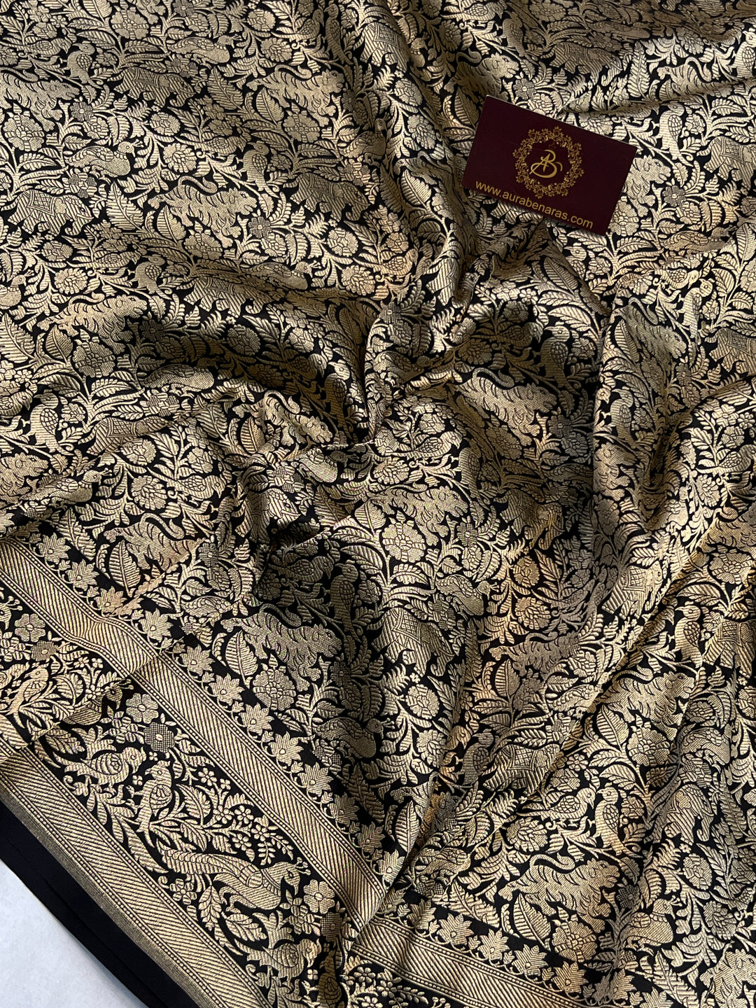 Black Pure Katan Silk Banarasi Handloom Saree with Shikargaah Design