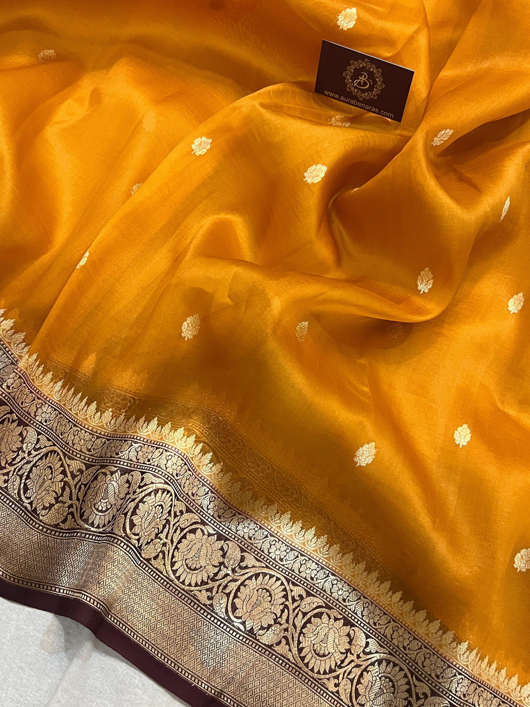 Mustard Yellow Banarasi Handloom Kora Silk Saree - Aura Benaras