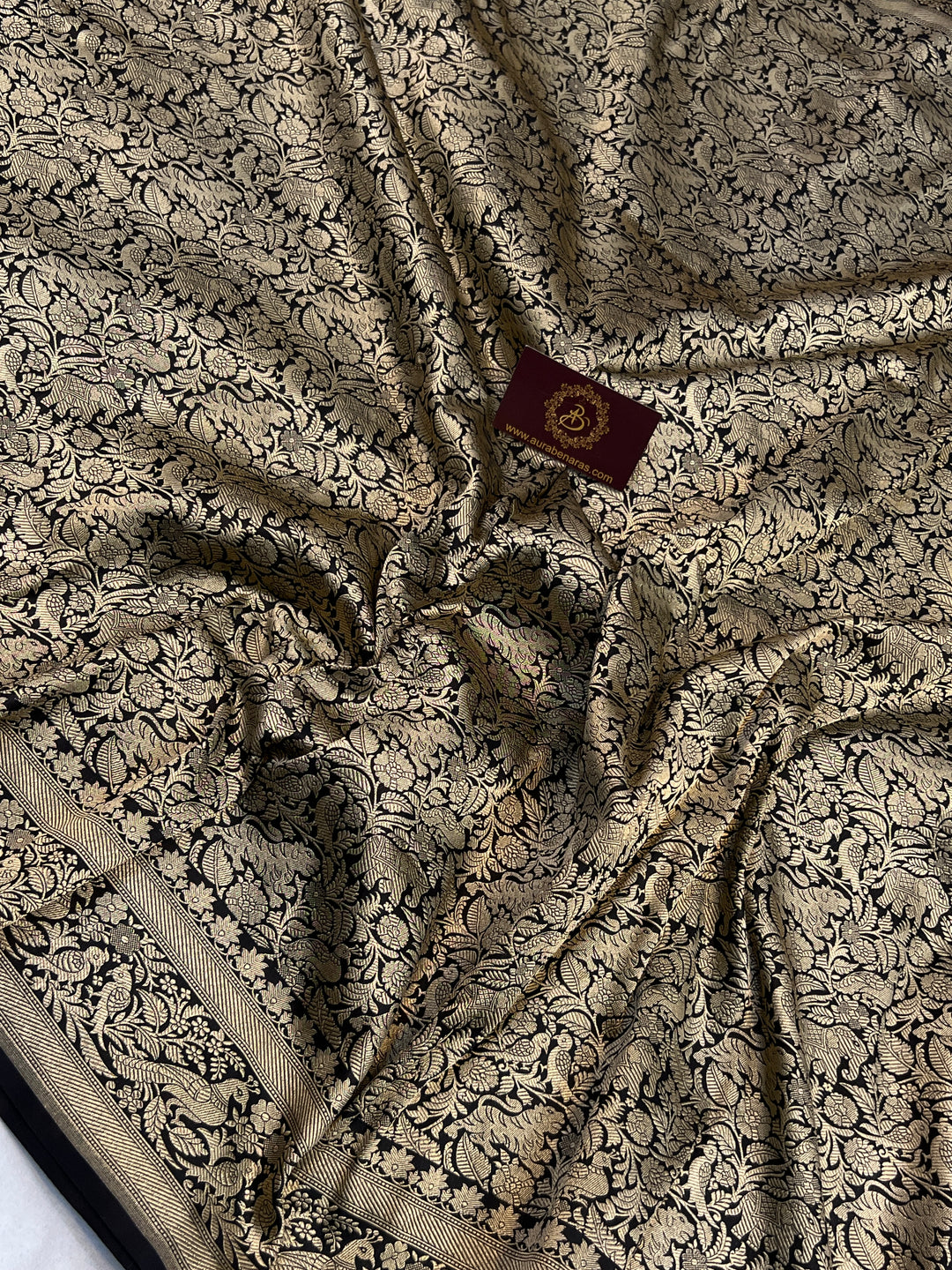 Black Pure Katan Silk Banarasi Handloom Saree with Shikargaah Design