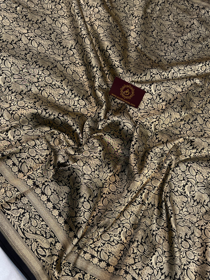 Black Pure Katan Silk Banarasi Handloom Saree with Shikargaah Design