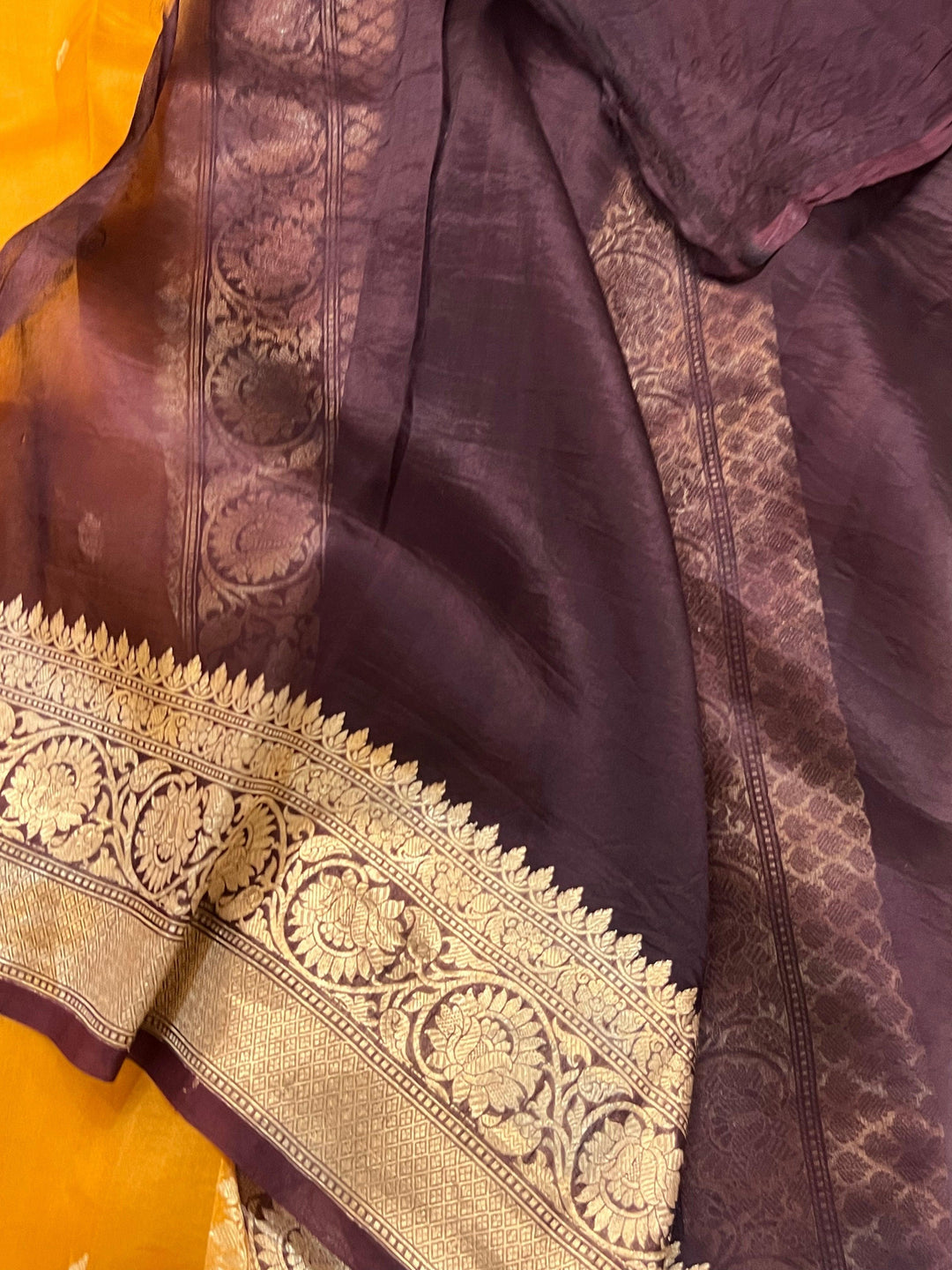 Mustard Yellow Banarasi Handloom Kora Silk Saree - Aura Benaras