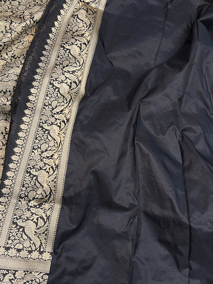 Black Pure Katan Silk Banarasi Handloom Saree with Shikargaah Design