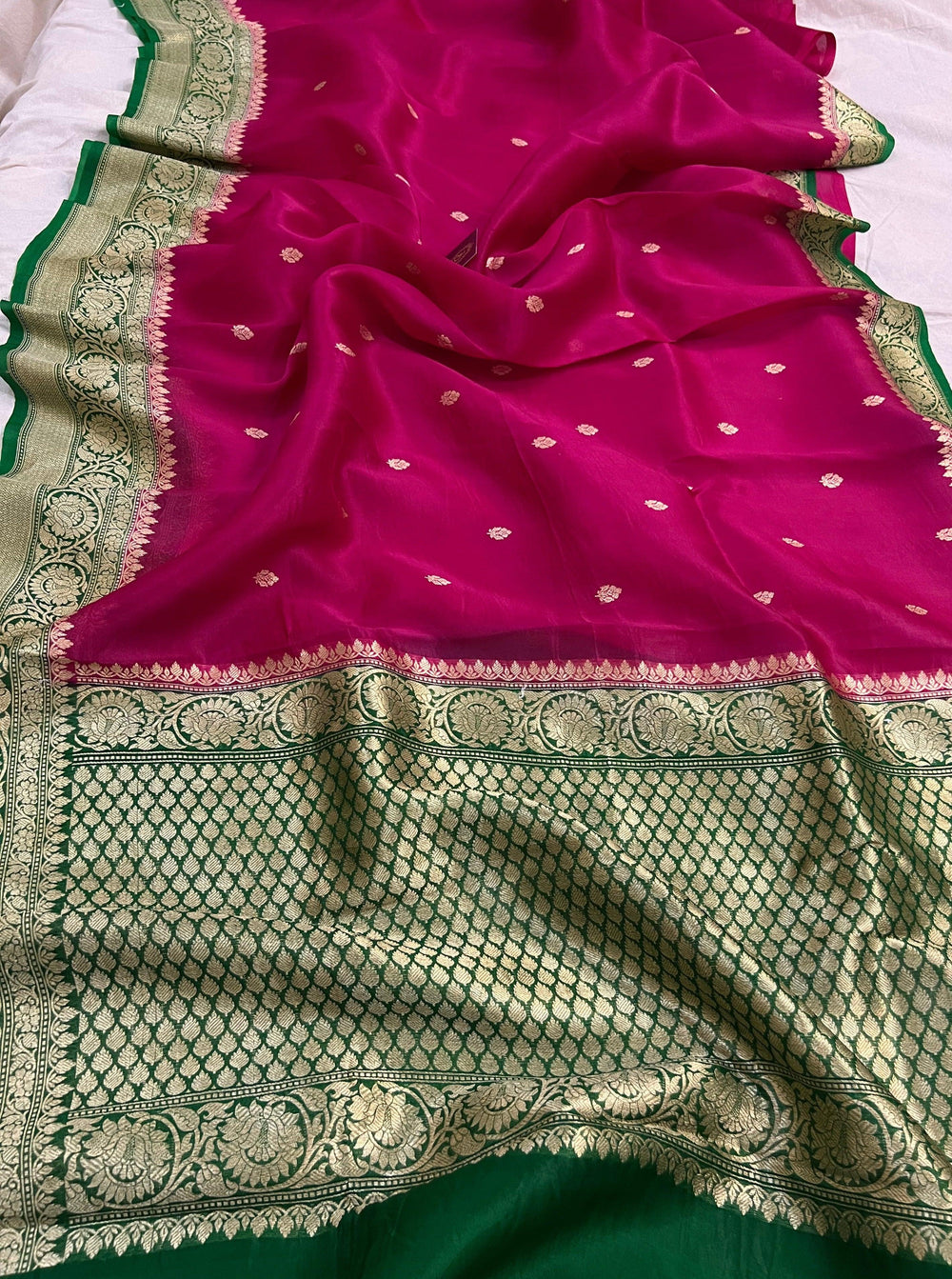 Rani Pink Banarasi Handloom Kora Silk Saree - Aura Benaras