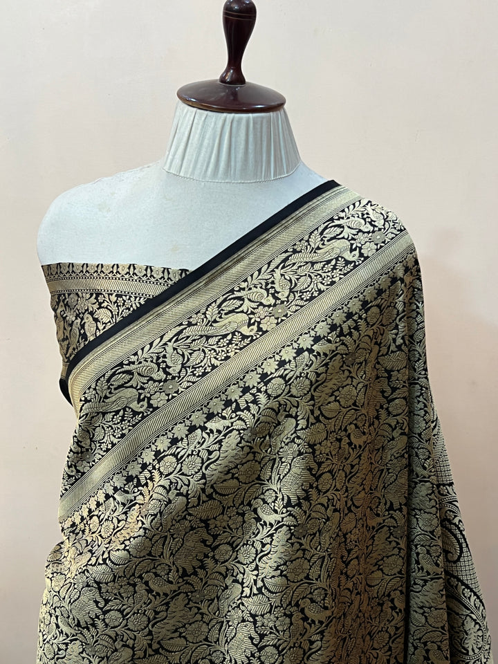 Black Pure Katan Silk Banarasi Handloom Saree with Shikargaah Design