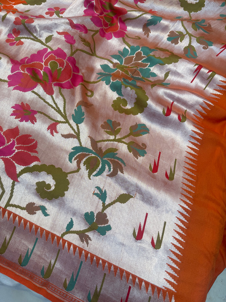 Orange Banarasi Handloom Pure Tussar Georgette Saree