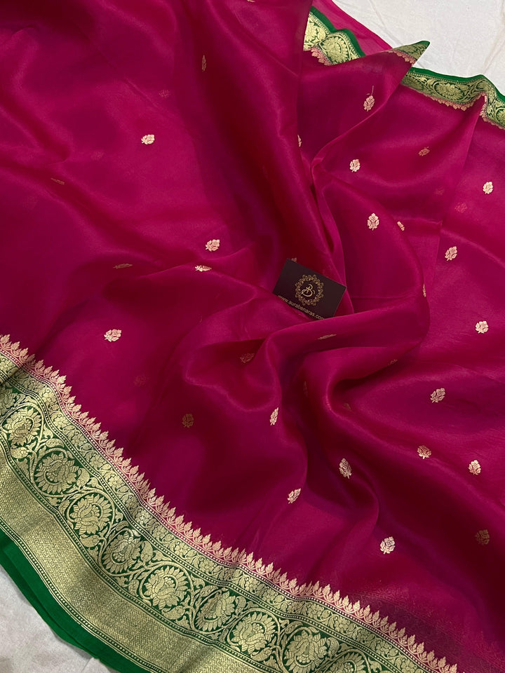 Rani Pink Banarasi Handloom Kora Silk Saree - Aura Benaras