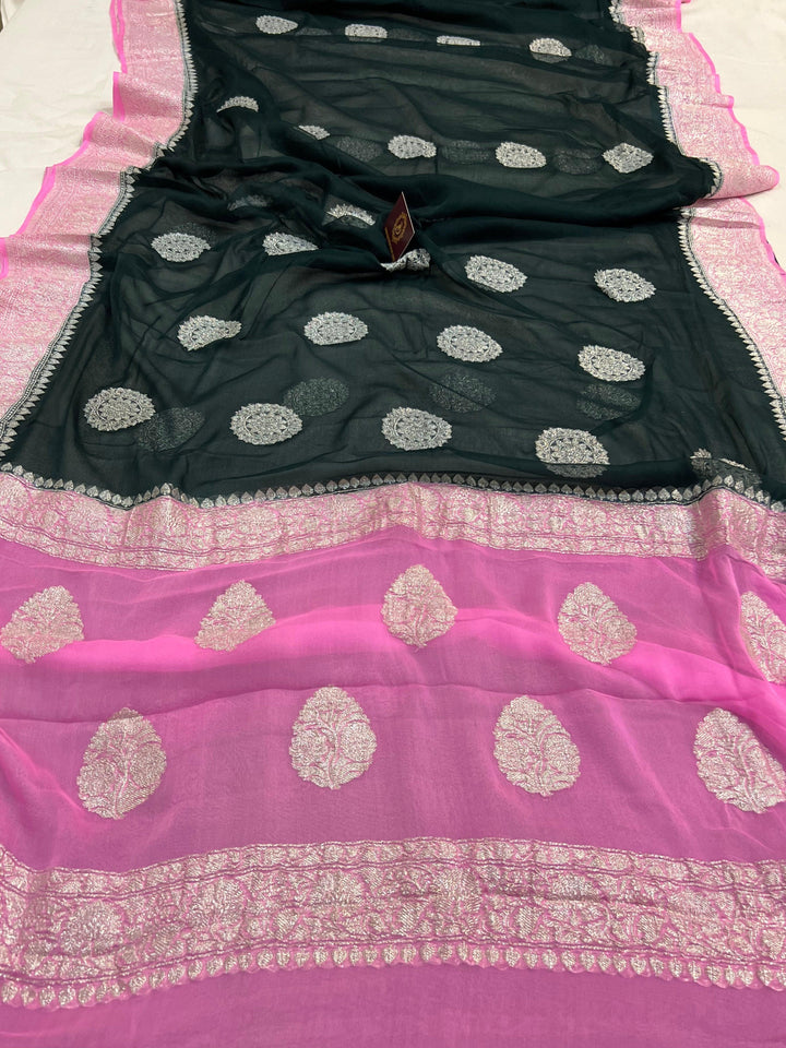 Baby pink Khaddi Chiffon Banarasi Handloom Saree - Aura Benaras