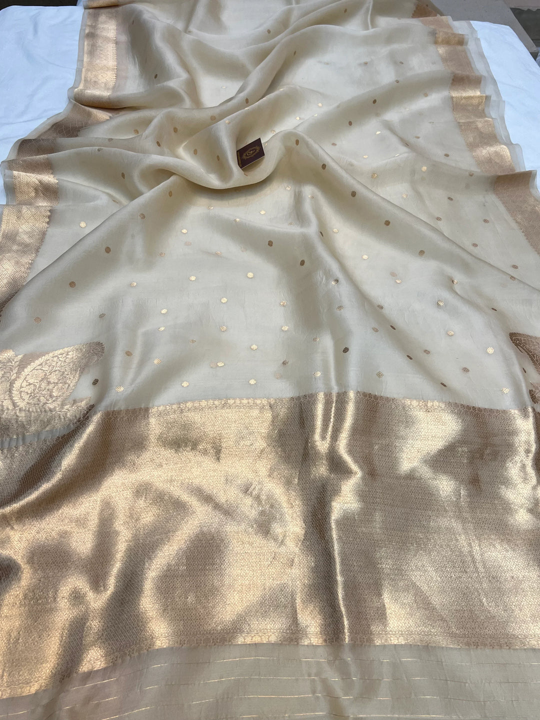Cream Pure Kora Silk Banarasi Saree with Zari Butis & Konia