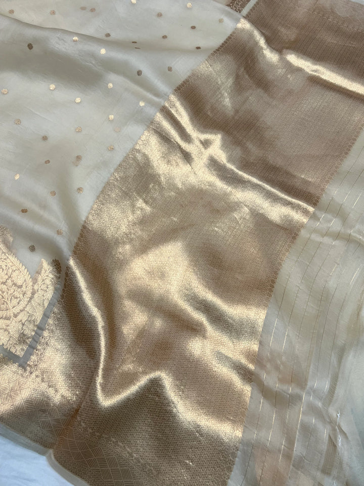 Cream Pure Kora Silk Banarasi Saree with Zari Butis & Konia