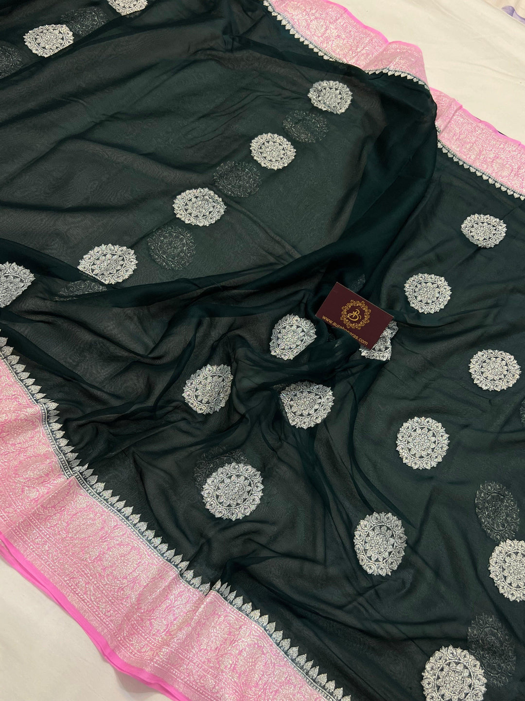 Baby pink Khaddi Chiffon Banarasi Handloom Saree - Aura Benaras