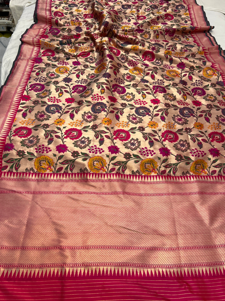 Rani Pink Katan Silk Banarasi Saree | Handloom Jaal 