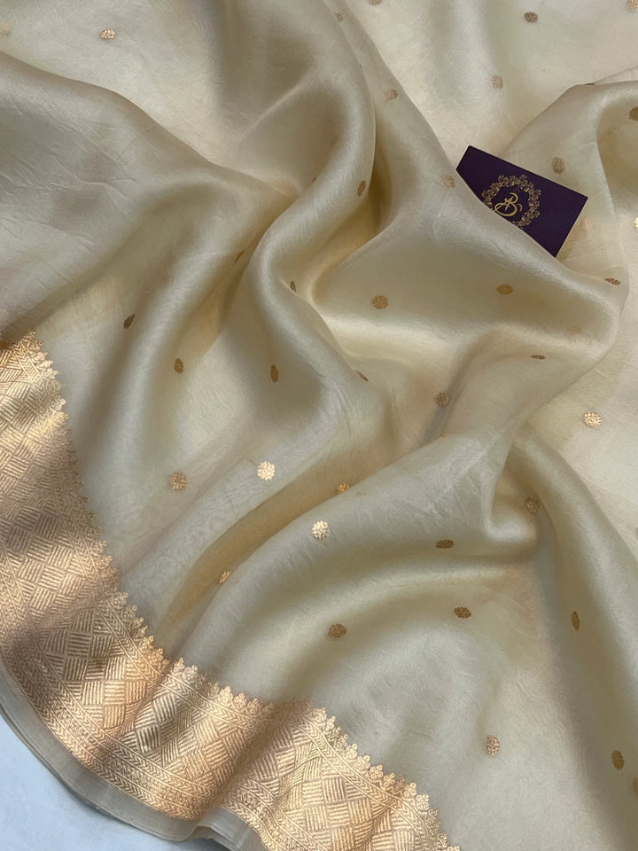 Cream Pure Kora Silk Banarasi Saree with Zari Butis & Konia
