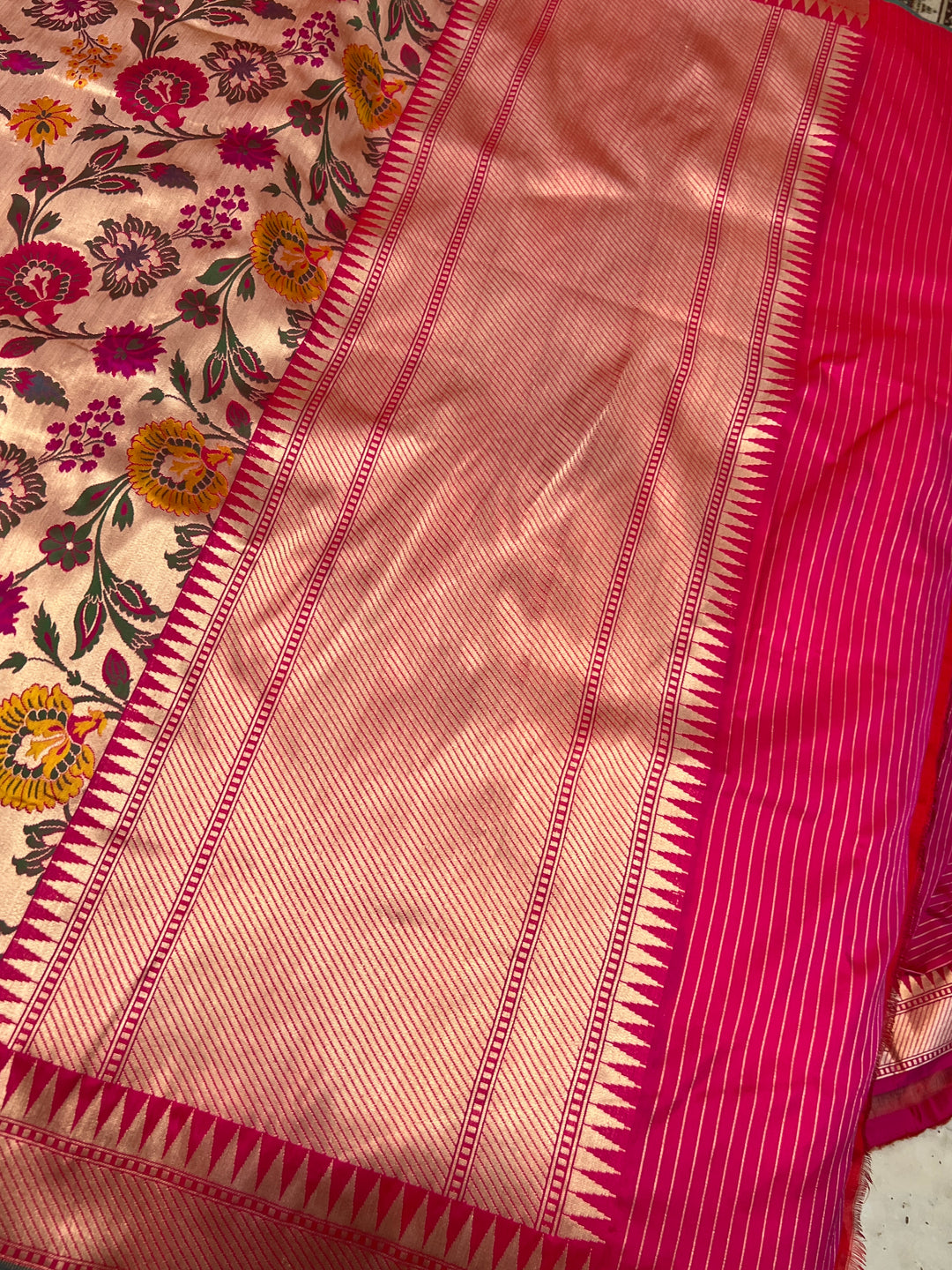 Rani Pink Katan Silk Banarasi Saree | Handloom Jaal 