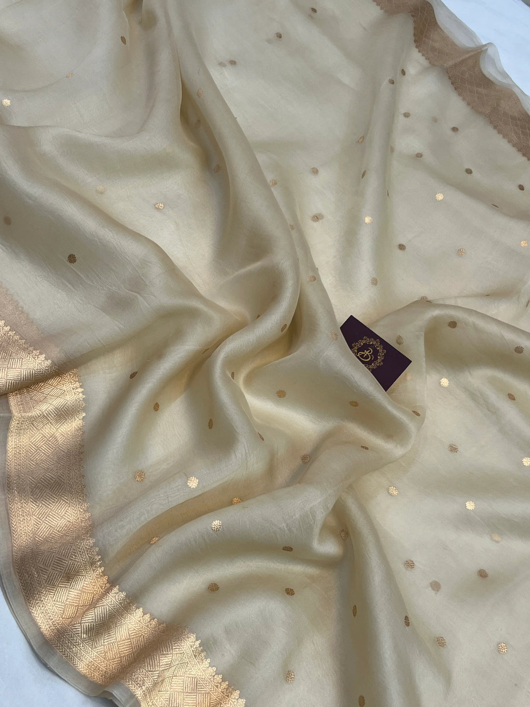 Cream Pure Kora Silk Banarasi Saree with Zari Butis & Konia